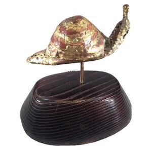 VTG Snail Sculpture Signed Segal‎ '72 Brutalist Copper Metal Wood Mounted Statue